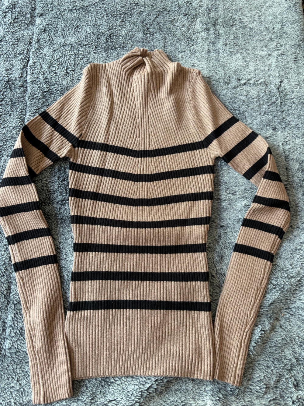 Workshop Republic Clothing Black and Tan Striped Off-the-Shoulder Sweater